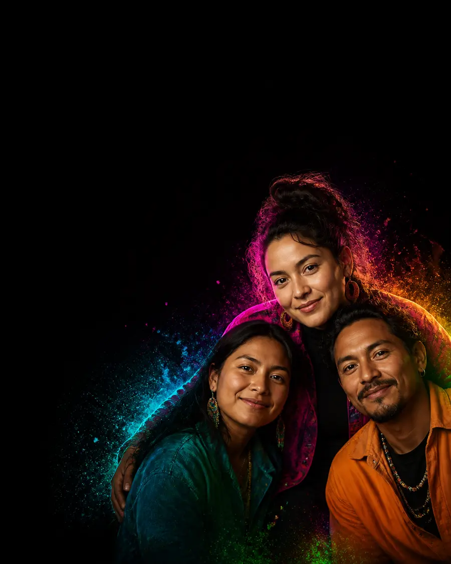 Personas reunidas en una comunidad atravesada por energía de colores