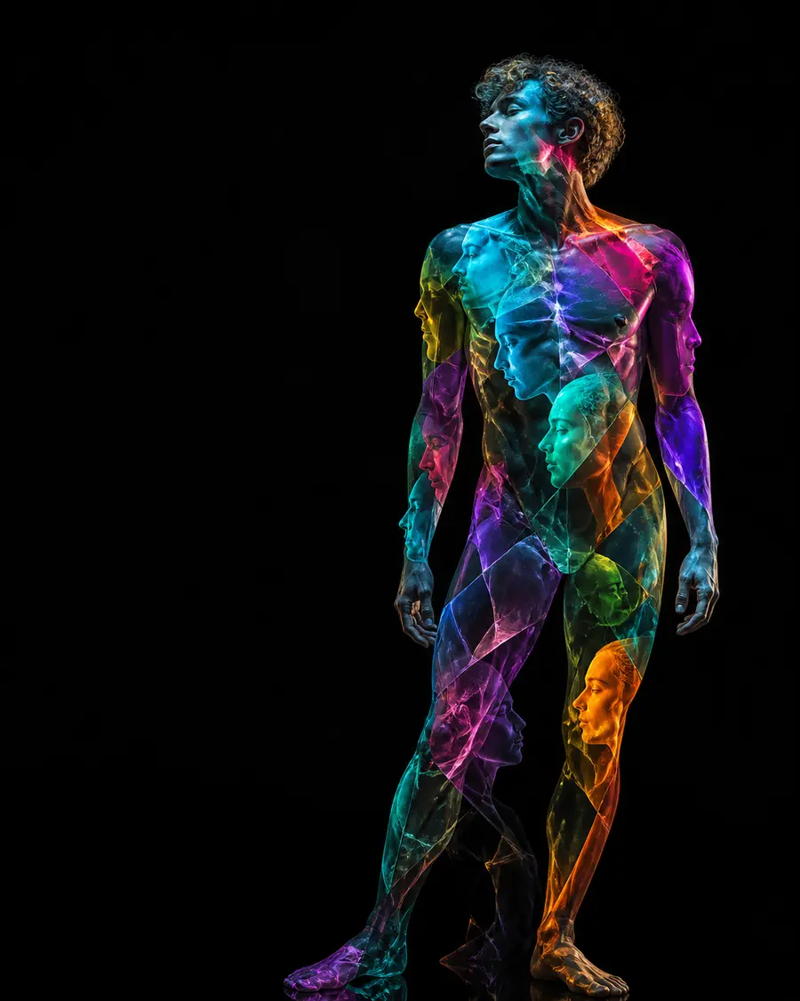 Una figura humana compuesta por múltiples facetas de color
